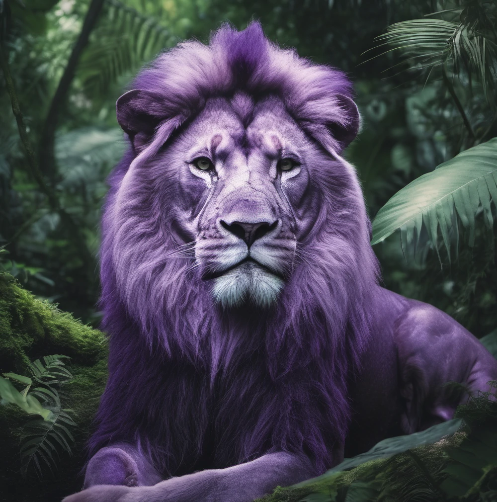 Image of a purple lion in a jungle with a dark purple tuft of hair on top of head