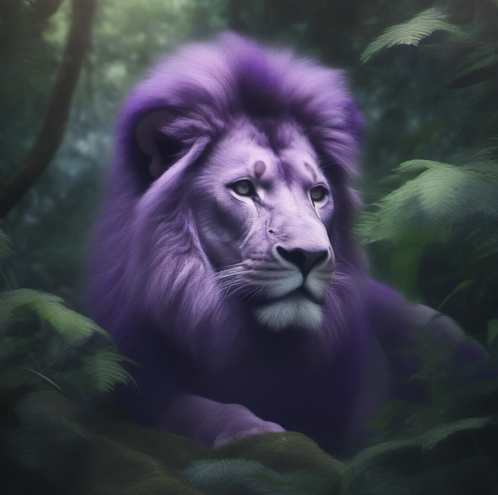 Blurred, foggy image of a purple lion in a jungle