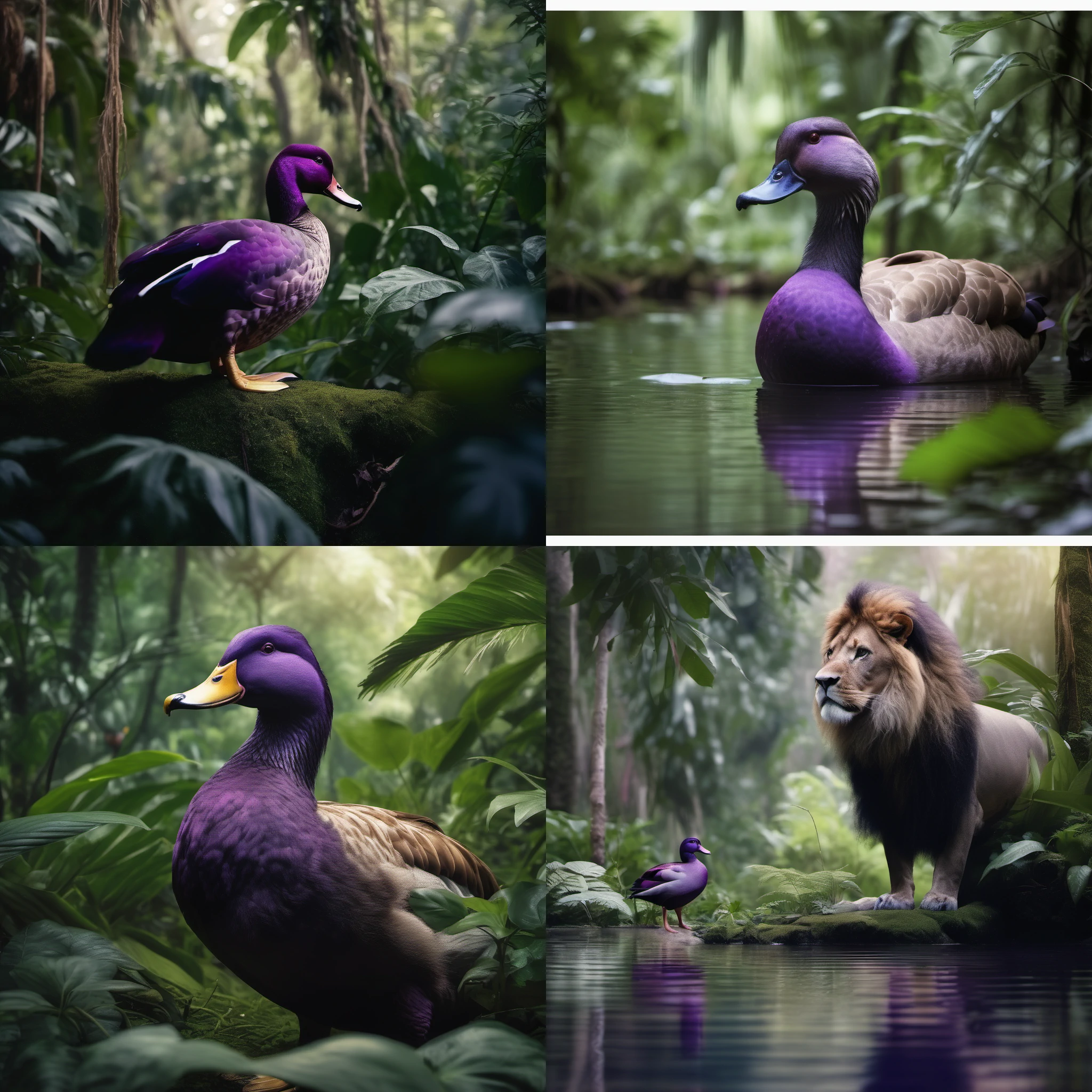Stable Diffusion output, four images depicting a lion and duck hybrid