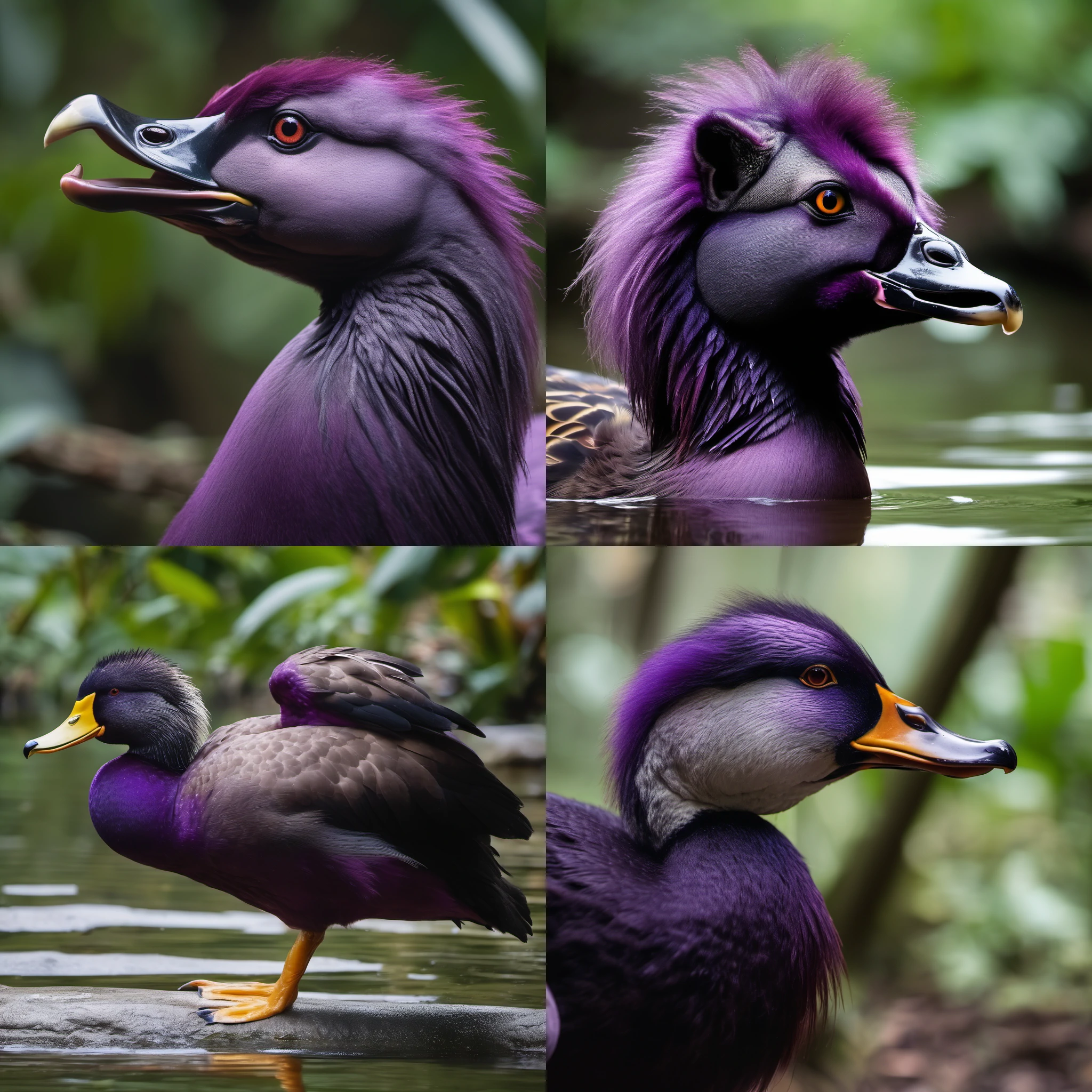 Stable Diffusion output, four images depicting a lion and duck hybrid