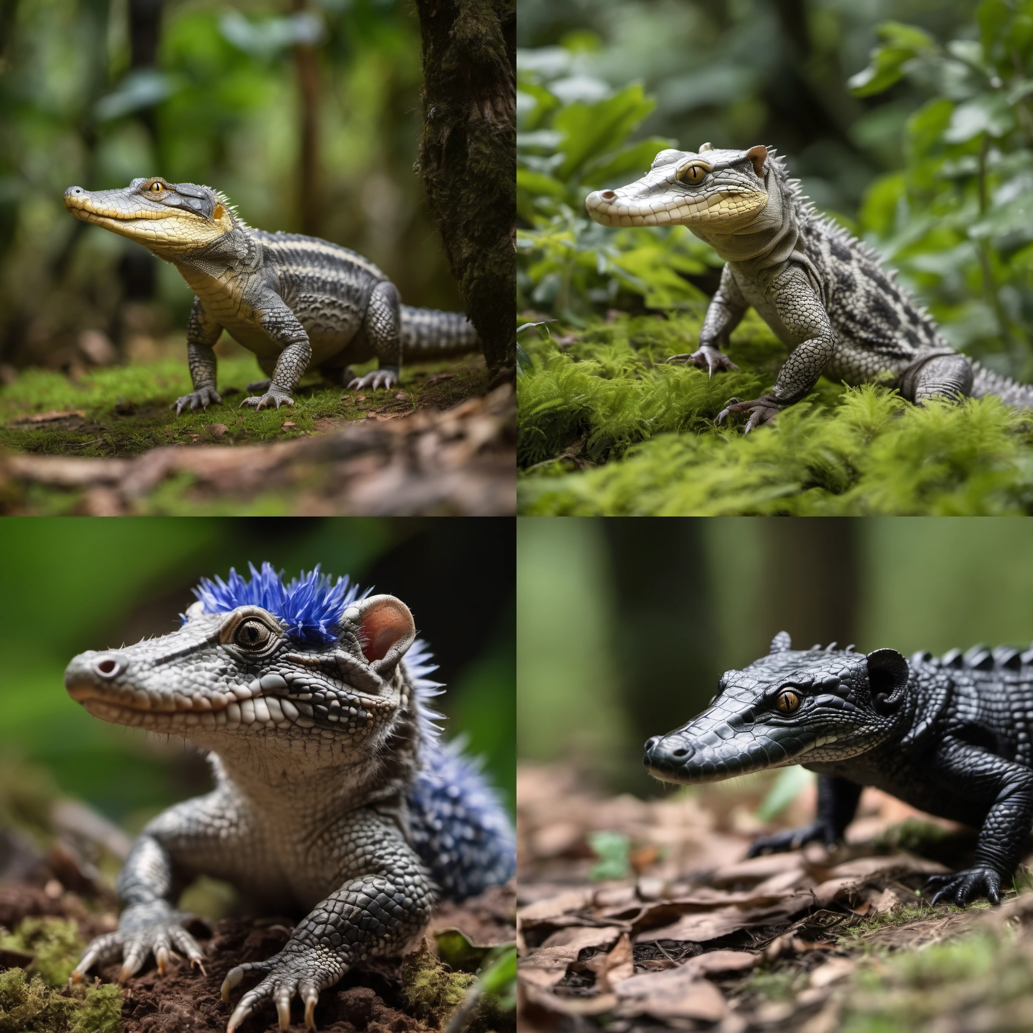 Grid of four Stable Diffusion generated images depicting an alligator-opposum hybrid