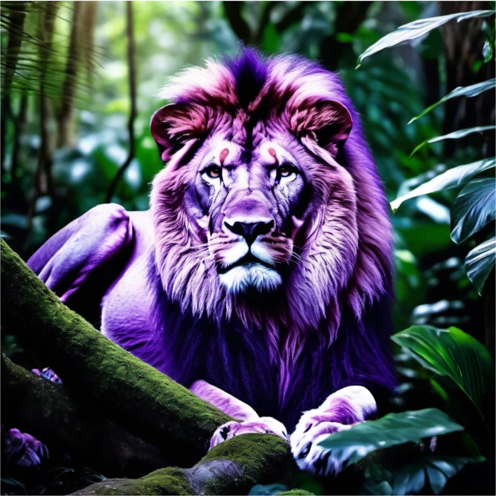 Heavily saturated image of a purple lion in a jungle