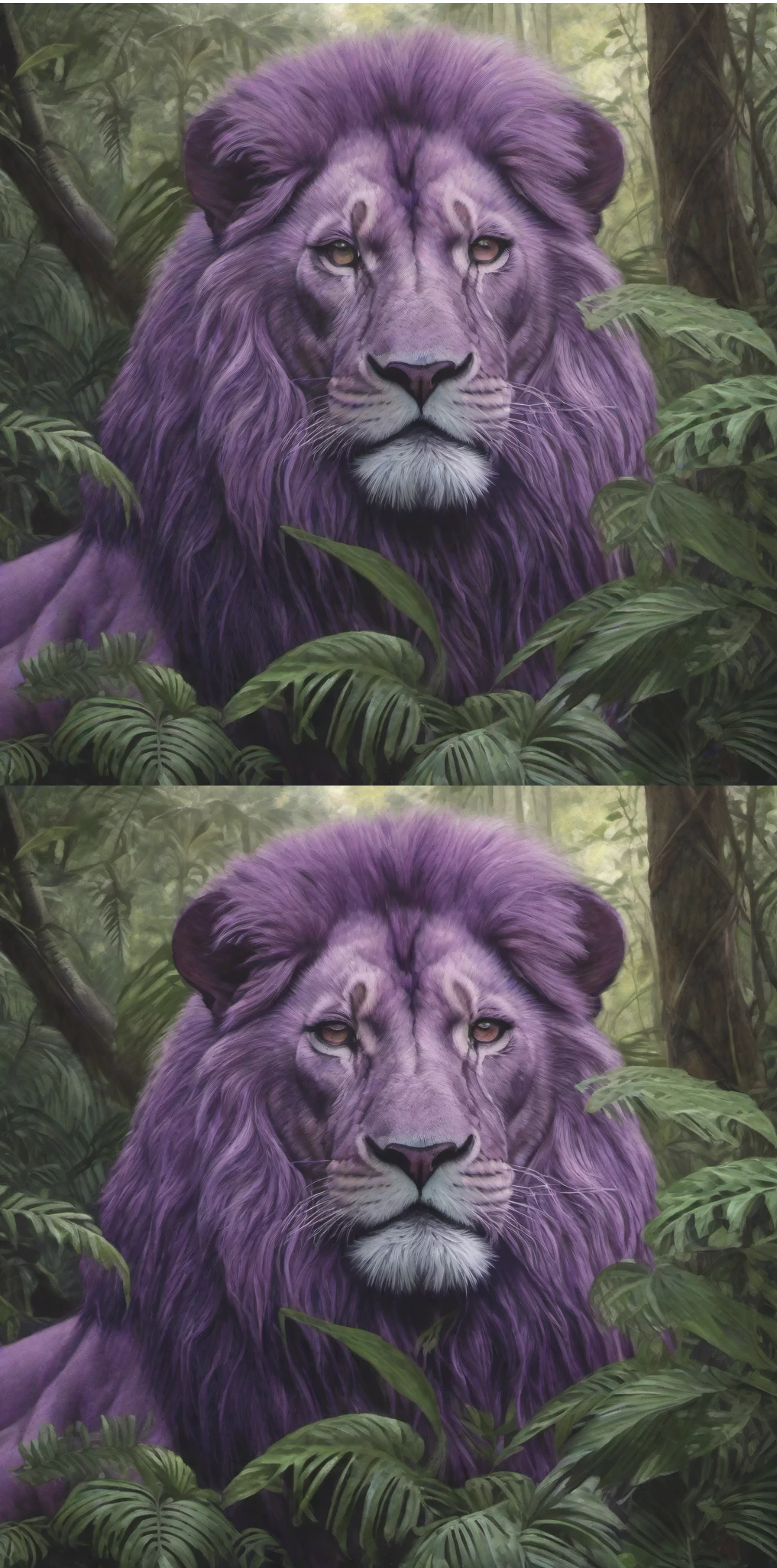 Two comparative images of a purple lion in a jungle