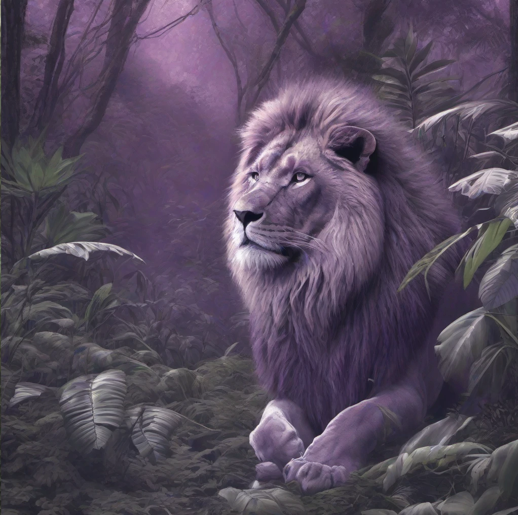 Image of a purple lion in a jungle with purple background