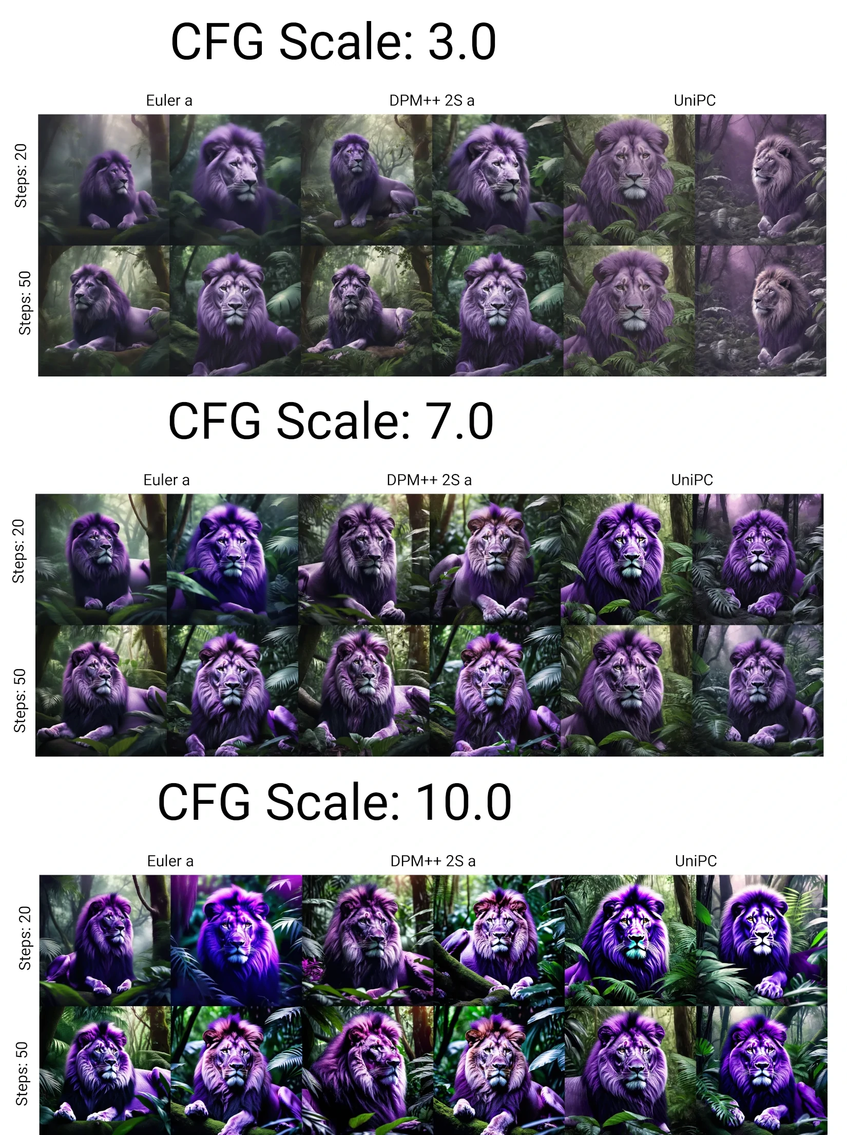Grid of Stable Diffusion generated images of a purple lion, comparing different parameters 