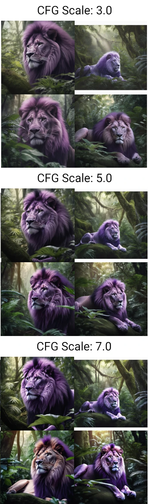 Grid of Stable Diffusion generated images of a purple lion comparing different CFG scale settings