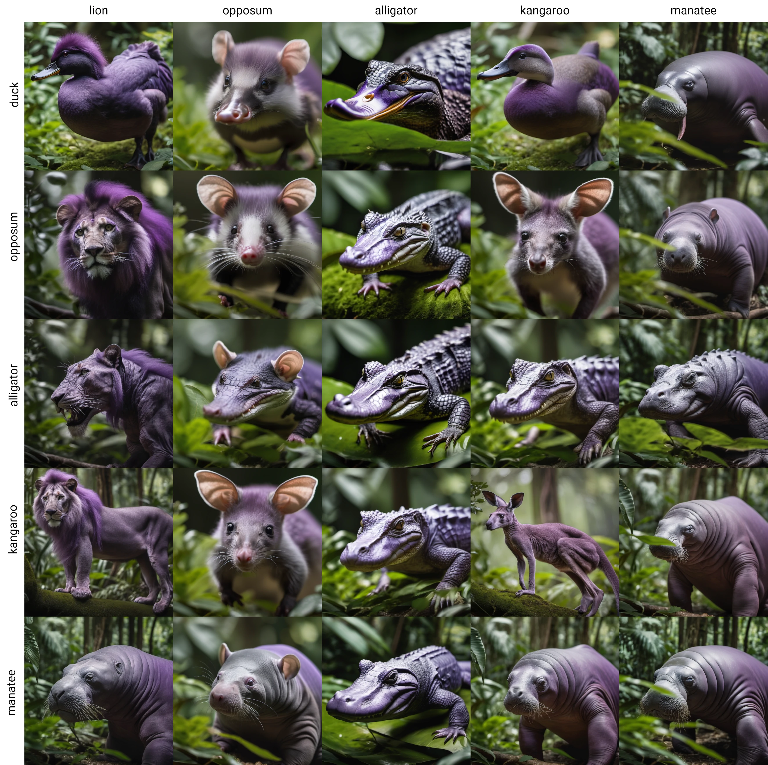 Grid of Stable Diffusion generated images comparing different animal hybrids